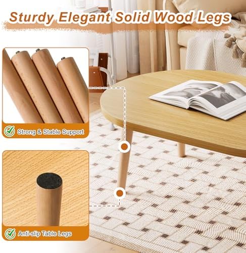 Coffee Table Low Table with Solid Wood Legs, 31.5x19.7" Large Coffee Table Side Table, Floor Table Desk for Sitting on The Floor, Living Room Furniture for Office Apartment Home, Oval Natural - Image 4