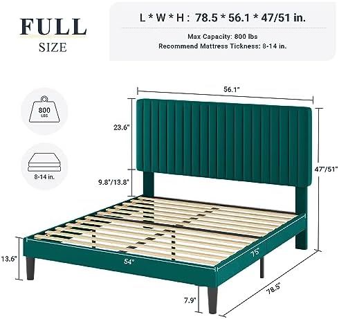 Allewie Full Bed Frame, Velvet Upholstered Platform Bed with Adjustable Vertical Channel Tufted Headboard, Mattress Foundation with Strong Wooden Slats, Box Spring Optional, Easy Assembly, Teal - Image 2