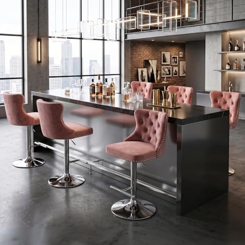 SoarFlash Velvet Bar Stool Set of 6, Adjustable Swivel Bar Stools with Silver Plated Metal Leg, Button Tufted, Footrest, Chrome Nailhead, Counter Height Chair for Kitchen,Dining Room (Pink) by SoarFlash