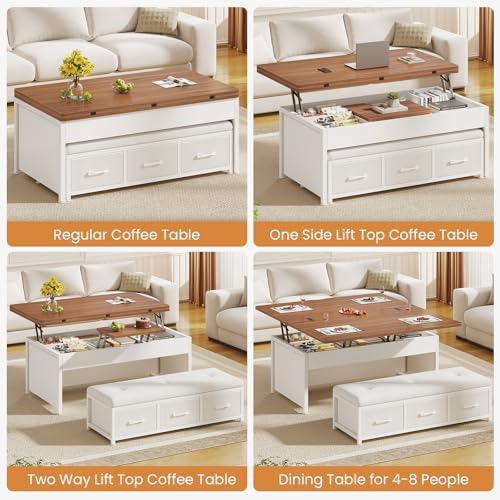 Itaar Lift Top Coffee Table Set, 43'' Multi-Function Coffee Table with Storage Drawers and Hidden Compartment, Center Table with Ottoman Bench for Living Room, White - Image 3