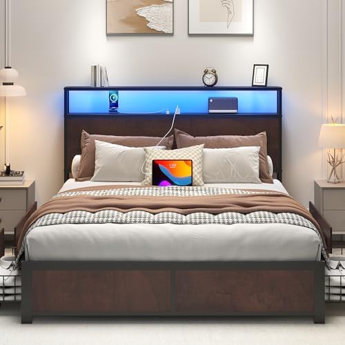 Lifezone Full Bed Frame with 2-Tier Storage Headboard, Metal Platform Bed Frame with 4 Storage Drawers, Built in Charging Station & LED, Noise-Free/Metal Support/No Box Spring Needed, Coffee Brown - Image 3