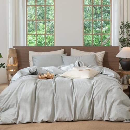 MooMee Striped Duvet Cover Set 100% Washed Cotton Linen Like by MOOMEE