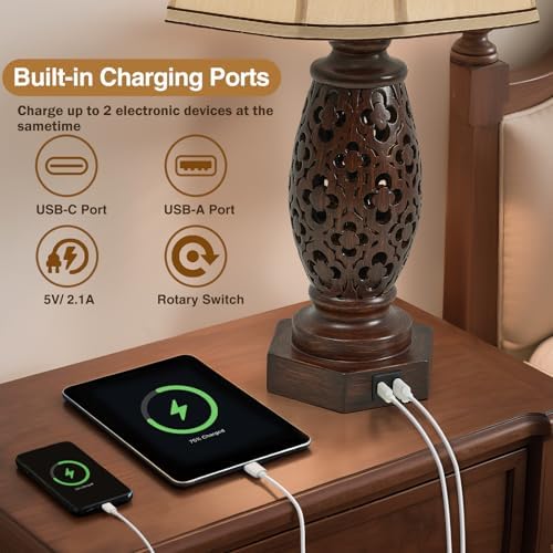 EJIAXIN Bedside Lamps Set of 2-23.5" Vintage Table Lamp with USB A+C and Nightlight - Brown Carved Resin Farmhouse Desk Lamp for Bedrooms, End Tables, Living Room, Bulbs Included - Image 4
