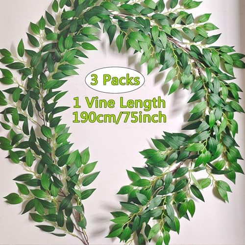 Artificial Italian Ruscus Vines, 3Pcs/75 Silk Vine Garland with Green Leaves, Fake Hanging Plants Greenery Decor for Home, Bedroom, Wall, Party, Wedding Decoration(75inch/3pcs/Vines) - Image 4