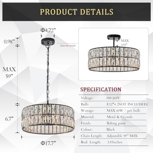 CATINER Black Crystal Chandelier 18" 6-Light Modern Semi Flush Pendant - Image 2
