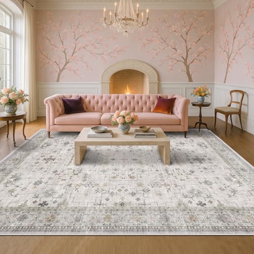 Large 10x12 Living Room Rug - Vintage Light Gray & Sage Floral Area Rug for Dining Room, Washable Low Pile Bedroom Carpet, Modern Eclectic Geometric Decor & Stain Resistance by HazoHaus