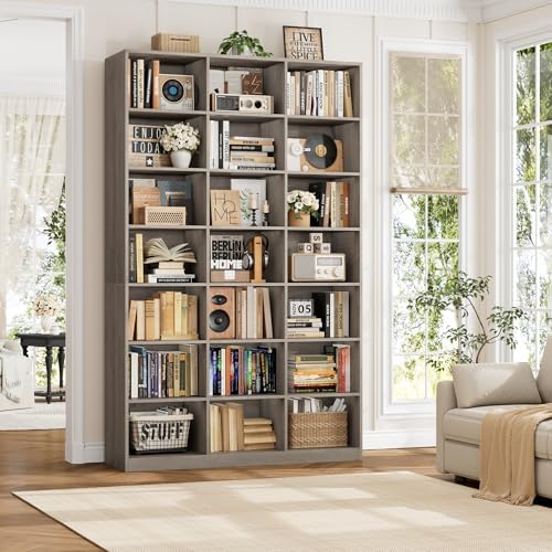 HOSTACK 86"H Triple Wide Bookshelf and Bookcase, 7 Tier Tall Bookshelf with Storage, Large Bookcase with 21 Open Display Storage Shelves, Wood Book Shelf Media CD DVD Storage for Living Room, Ash Gray - Image 7