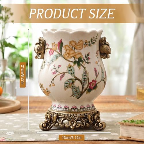 8.3" Ceramic Vintage Flower Vase with Gold Pedestal, Rustic Chinoiserie Floral Fruits Porcelain Urn for Home Decor, Antique French Country Farmhouse Centerpiece for Kitchen Table Entryway Mantel - Image 2