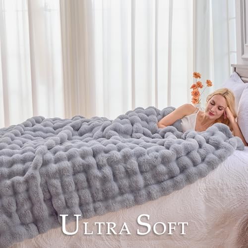 BENVWE Fluffy Faux Fur Throw Blanket for Couch, Soft Plush Thick Cozy Fuzzy Luxury Minky Bubble Blanket for Home Living Room Decor Gift for Women, Light Grey, 51" x 63", 1100GSM - Image 3