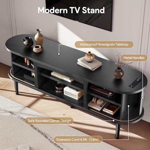 Decofy Mid Century TV Stand for TVs up to 70 Inches, Entertainment Center with Storage, Power Outlet, Fluted Sliding Doors & Adjustable Shelves, Modern Media TV Console Table for Living Room (Black) - Image 5