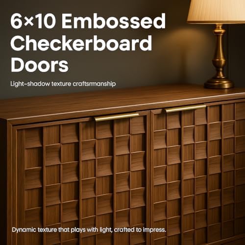 COLAMY 60" Sideboard Buffet Cabinet with Storage, Modern 4-Door Buffet Table with 3D Checkerboard Doors & Solid Wood Legs, Large Coffee Bar Cabinet for Dining Room, Living Room, Entryway, Espresso - Image 4