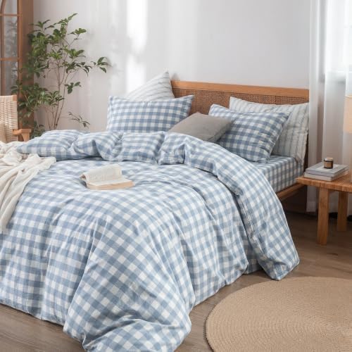 BESTOUCH Gingham Cotton Duvet Cover Set Cornflower Blue California King - Image 6