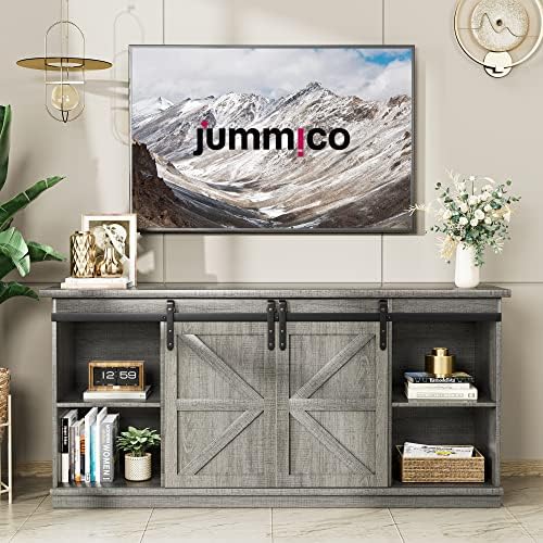 JUMMICO TV Stand for 65 Inch TV, Sliding Barn Doors, Pale Gray - Image 6