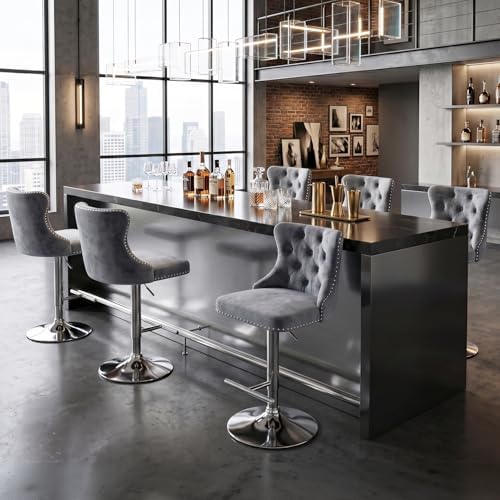 SoarFlash Velvet Bar Stool Set of 6, Adjustable Swivel Bar Stools with Silver Plated Metal Leg, Button Tufted, Footrest, Chrome Nailhead, Counter Height Chair for Kitchen, Bar, Dining Room (Grey) by SoarFlash
