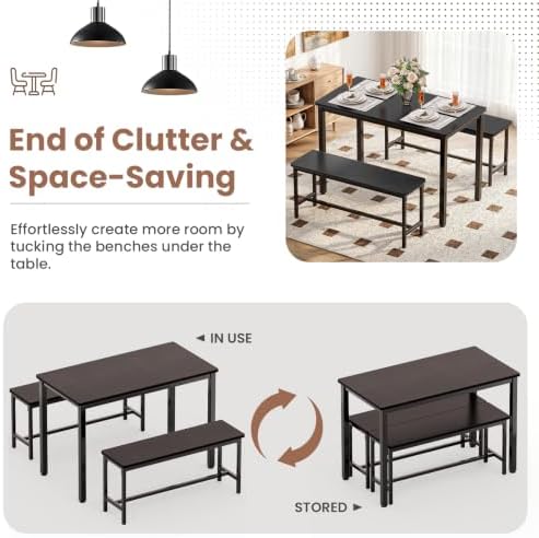 Dining Table Set for 4, 3 Piece Dining Room Table Set for Space-Saving, Modern Kitchen Table with 2 Benchs for Apartment Breakfast Nook and Samll Space, Black - Image 7