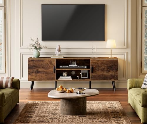 SUPERJARE TV Stand for 55 Inch TV, Entertainment Center with Adjustable Shelf, 2 Cabinets, TV Console Table, Media Console, Solid Wood Feet, Cord Holes, for Living Room, Bedroom, Rustic Brown - Image 2