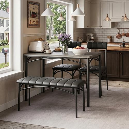 IDEALHOUSE Dining Table Set for 4, Kitchen Table with Chairs for 4, Rectangular Wood Dining Room Table Set with Upholstered Bench for Small Space, Dinner, Apartment, Retro Gray - Image 2