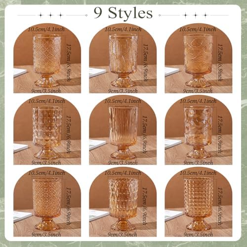 9 Pcs (H:7" W:4") Embossed Flower Amber Vase Pedestal Glass Vase - Image 3