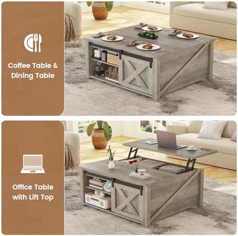 SEDETA 31.5" Lift Top Coffee Table with Storage, Square Coffee Tables for Living Room, Farmhouse Coffee Table with Large Hidden Storage Compartment and Adjustable Shelves, Grey - Image 4