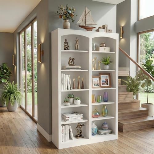 holzart 71" Tall Bookcase, Double Wide White Bookshelf with Arched Design, 12-Tier Open Wood Display Shelf Storage Organizer for Living Room, Home Office (41.6" W x 70.8" H) by holzart