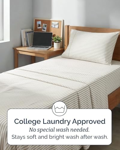 Twin XL 3 Piece Sheet Set - College Dorm Room Essentials - Beige Stripes - Image 6