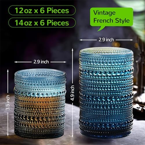 Vintage Hobnail Drinking Glasses Set of 12-14 oz Old Fashioned Glass Cups & 11 oz Cocktail Glasses, Aesthetic Kitchen Bar Tumbler Glassware Gifts Sets, Blue (12Pcs Blue XL) - Image 3