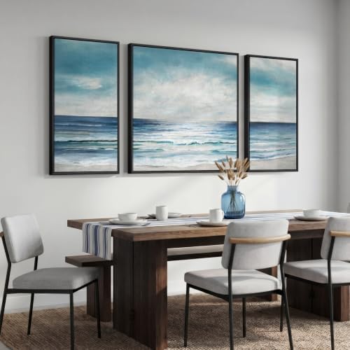 Extra Large Framed Blue White Coastal Wall Art for Living Room, 3 Piece Set - Image 4