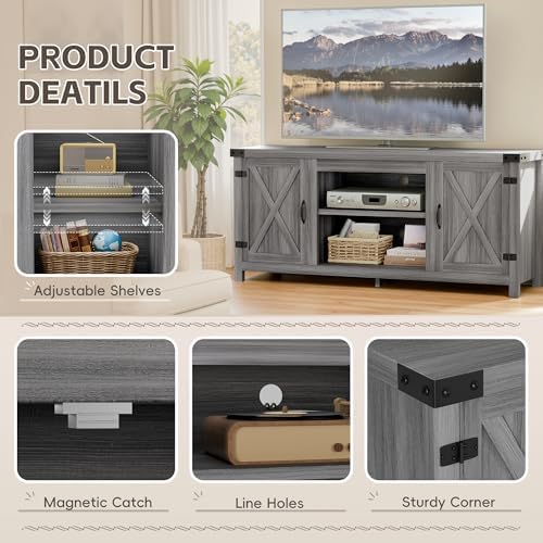 YESHOMY Modern Farmhouse TV Stand with Barn Doors for 65 Inch TV,Light Grey - Image 4