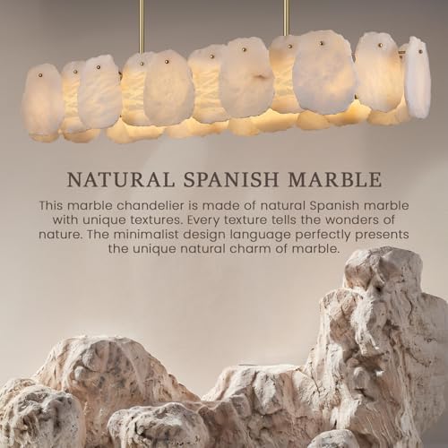 Rectangle Alabaster Chandelier, L43in Modern Spanish Marble Dining Room Chandelier Over Table, Adjustable Long Chandeliers for Living Room, Alabaster Chandeliers for Kitchen Island, Foyer, Entryway - Image 5