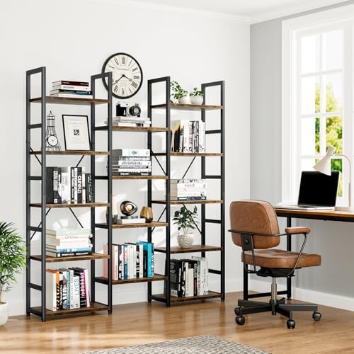 NUMENN Triple Column 5 Tier Bookshelf with 14 Adjustable Shelves, Vintage - Image 7