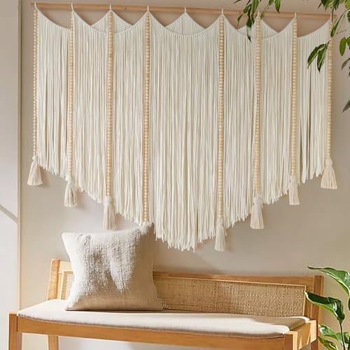 Jakalin Macrame Wall Hanging White Beads Yarn Art Boho Home Decor 57"x43" by Jakalin