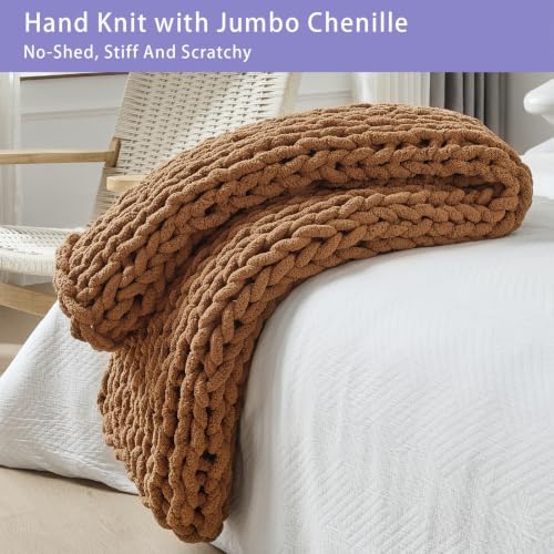 Bigacogo Chunky Knit Throw Blanket for Couch, 40x40 inches, Caramel - Image 4