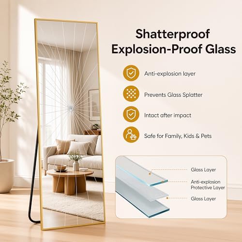 Antok Full Length Mirror, 56"x14" Floor Mirror with Stand, Gold, Rect - Image 4
