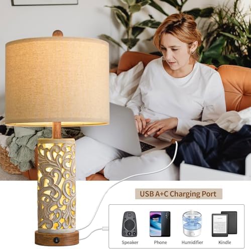 OYEARS 22'' Table Lamp Set of 2 for Living Room,Farmhouse Lamp for for Bedroom,Vintage Retro Bedside Lamps with USB Ports Linen Shade for Home Office (Brown, Bulb Included) - Image 7