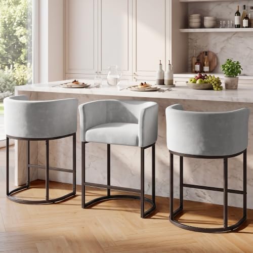 GRUSIGN Chenille Counter Height Bar Stools Set of 3, 26" Kitchen Island Stools with Arms & Footrest, Upholstered Barrel Back Bar Chairs for Kitchen, Dining Room, Bar & Lounge Area, Grey by GRUSIGN