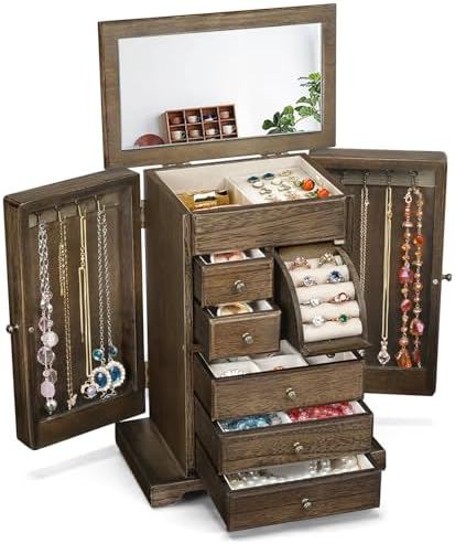 Jewelry Box for Women, Rustic Wooden Jewelry Boxes & Organizers with Mirror & Drawers,6 Layer Jewelry Organizer Box for Rings Earrings Necklaces Bracelets ((Vintage) by Yoimori