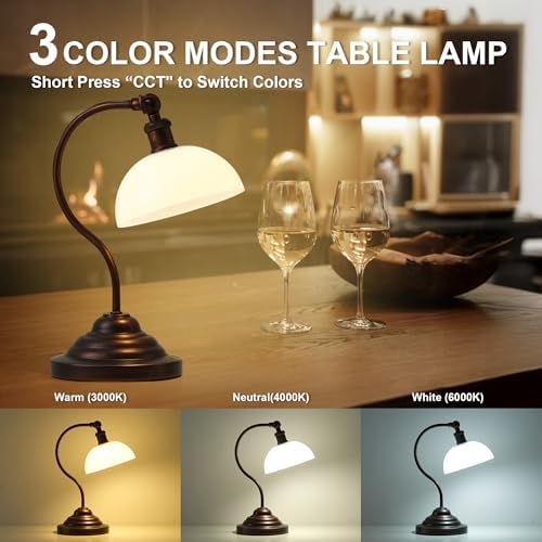 Cordless Table Lamp, Battery Operated Vintage Desk Light, Bronze & White - Image 3