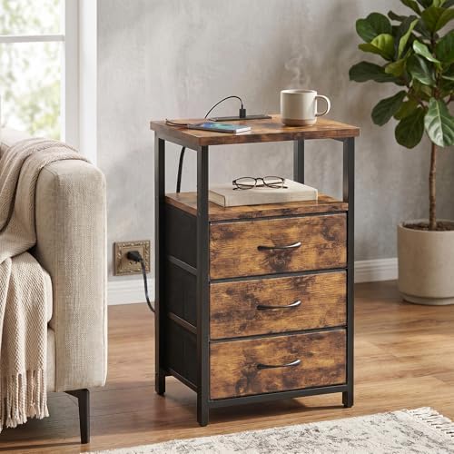 Fixwal Night Stand with Charging Station, 3 Fabric Drawers, Rustic Brown - Image 6