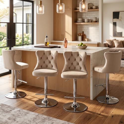 SoarFlash Velvet Bar Stool Set of 4, Adjustable Swivel Bar Stools with Silver Plated Metal Leg, Button Tufted, Footrest, Chrome Nailhead, Counter Height Chair for Kitchen, Bar, Dining Room (Beige) by SoarFlash