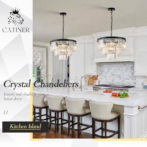 CATINER 20" Modern Crystal Chandeliers,7 Lights Black Round Light Fixture - Image 6