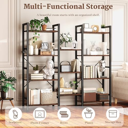 Furologee Triple 4 Tier Bookshelf, Bookcase with 11 Open Display Shelves, Large Book Shelf with 6 Hooks, Rustic Bookshelves Storage Organizer, Decorative Shelving Unit for Living Room, Home Office - Image 4