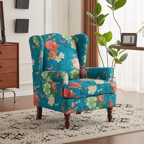 YOLENY Floral Accent Chair, High Back Upholstered Armchair with Solid Legs, Leisure Single Sofa Chair for Living Room, Bedroom, Home Office, Teal Floral - Image 2