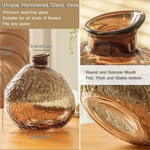 Unique Clear Glass Vase Hammered Fluted Unique Flower for Centerpieces Aesthetic Room Decor(Brown) - Image 6