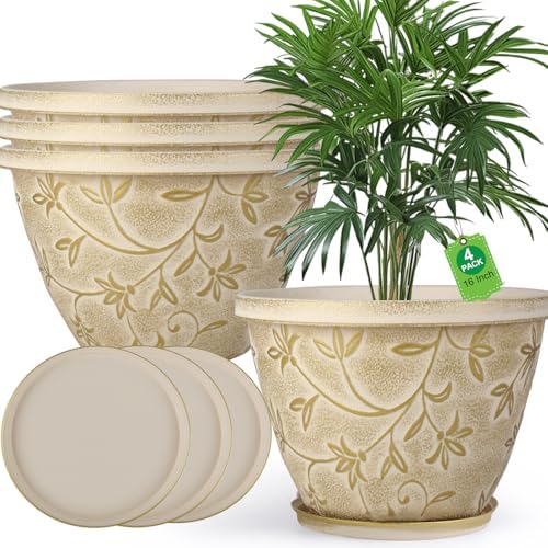 Nooulap 4 Pack 16 Inch Plant Pot with Drainage Hole, Beige by Nooulap