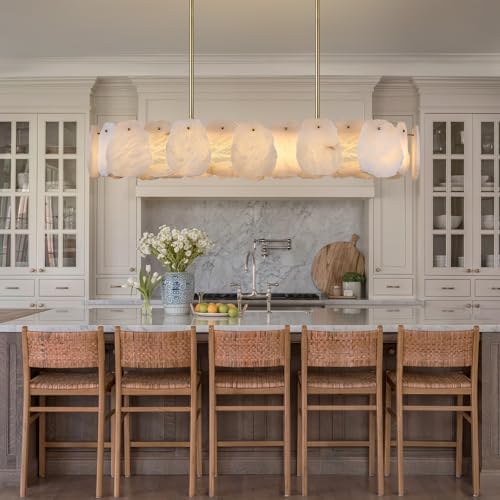 Rectangle Alabaster Chandelier, L43in Modern Spanish Marble Dining Room Chandelier Over Table, Adjustable Long Chandeliers for Living Room, Alabaster Chandeliers for Kitchen Island, Foyer, Entryway - Image 2