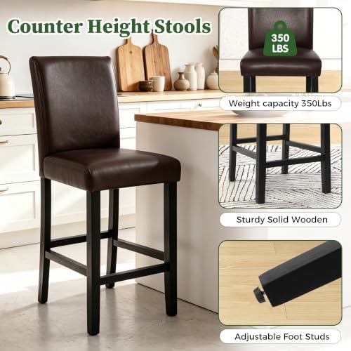LSSPAID Counter Height Bar Stools Set of 2, 25 Inch Upholstered PU Leather Barstools, Modern Kitchen Island Chairs with Backrest and Solid Wood Legs, Dark Brown - Image 4