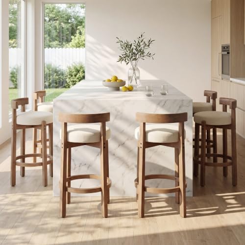 LukeAlon Mid Century Linen Counter Stools Set of 6, Upholstered 26.5” Seat Height Low Barstools with Natural Wood Legs Round Low Back Kitchen Stools with Footrest for Dining Room, Beige by LukeAlon