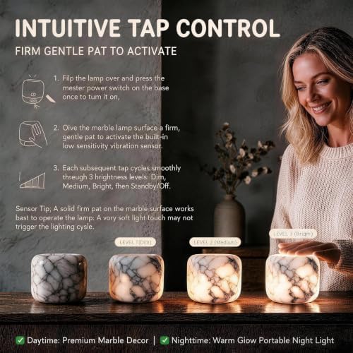 Natural Marble Table Lamp, Rechargeable Slap Bedside Lamp, 3 Way Dimmable USB-C Night Light, IPX4 Water Resistant Cordless Warm LED Lamp for Bedroom Desk Camping, Home Decor for Living Rooms - Image 6