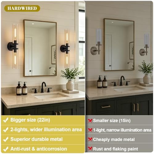 Indoi Wall Sconces Set of Two, Hardwired Matte Black Bathroom Sconces Wall Lights with Amber Glass, Modern Sconces Wall Decor Set of 2 Vanity Light fixtures for Bathroom Mirror Bedroom - Image 2