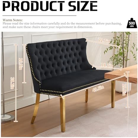 Black Velvet Dining Bench with Back, Tufted Banquette Seating, Gold Legs - Image 2